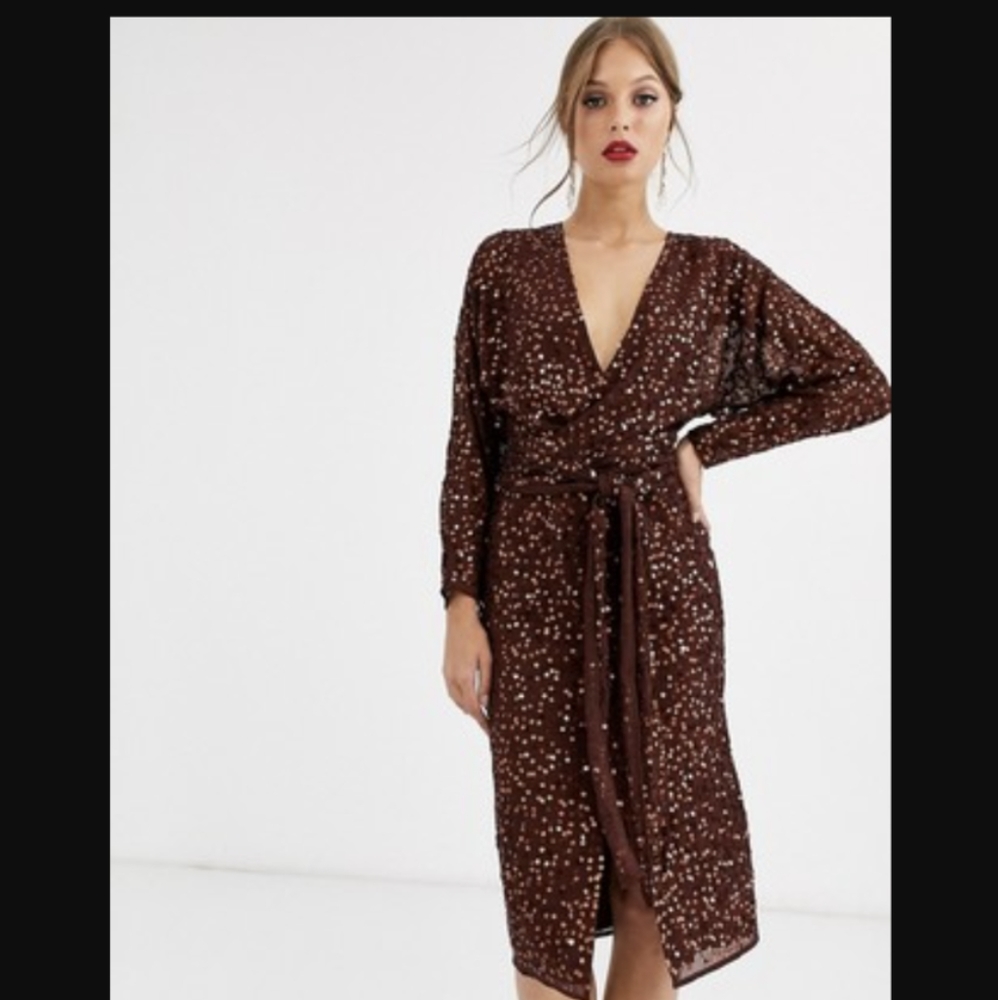 ASOS DESIGN midi dress with batwing sleeve and wrap waist in scatter sequin sz 6
